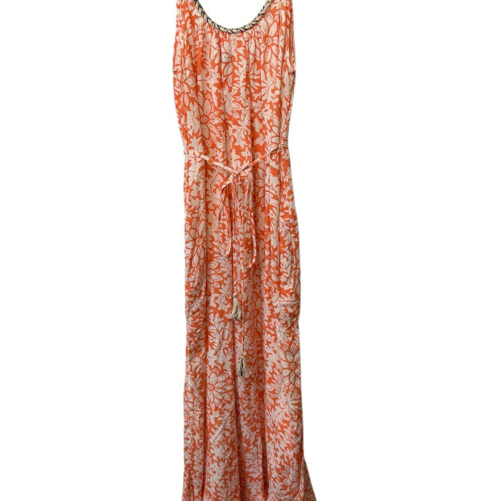 Fab’rik Cotton Blend Bohemian Maxi Rope Halter Tank Flowy Orange Cream Floral - Picture 2 of 8
